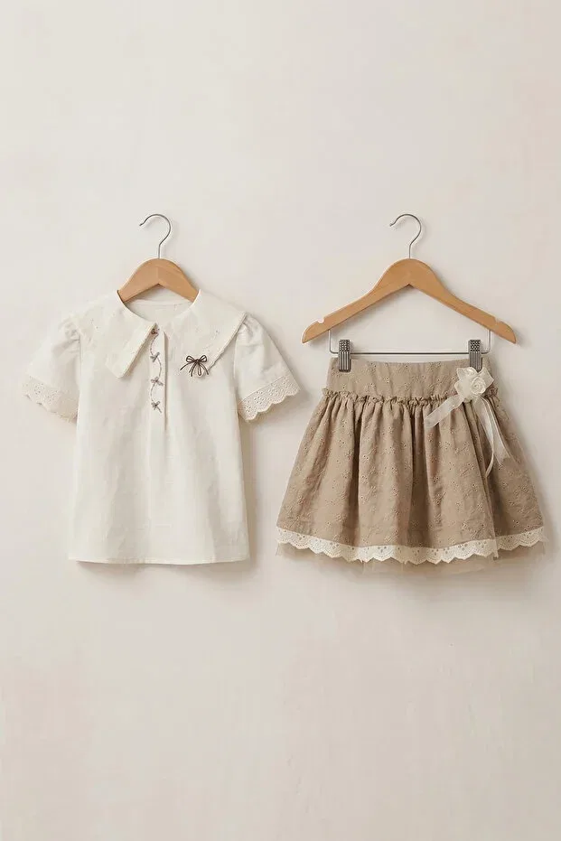 Детский комплект для девочек хлопковый с цветочным принтом Celyse, Nude Color — фото 2