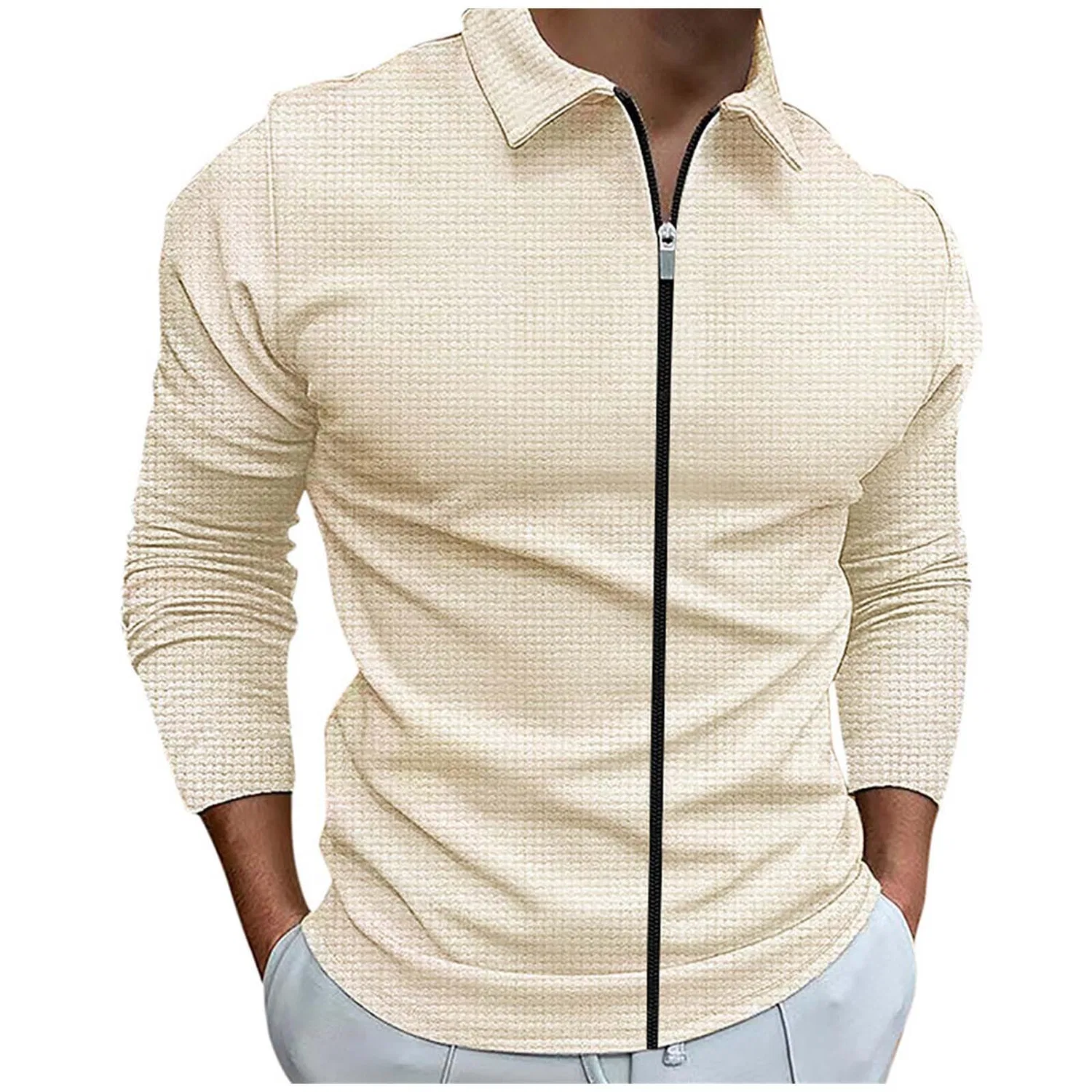 Мужская рубашка-поло с длинным рукавом, текстурированная, с рисунком соты, slim fit, Dark Khaki
