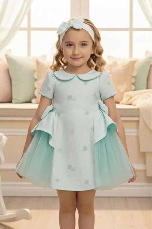 Детское платье для девочек с коротким рукавом Mint baby dress with side tulle bows 6-24 months 36168pr Pamina, Mint Green