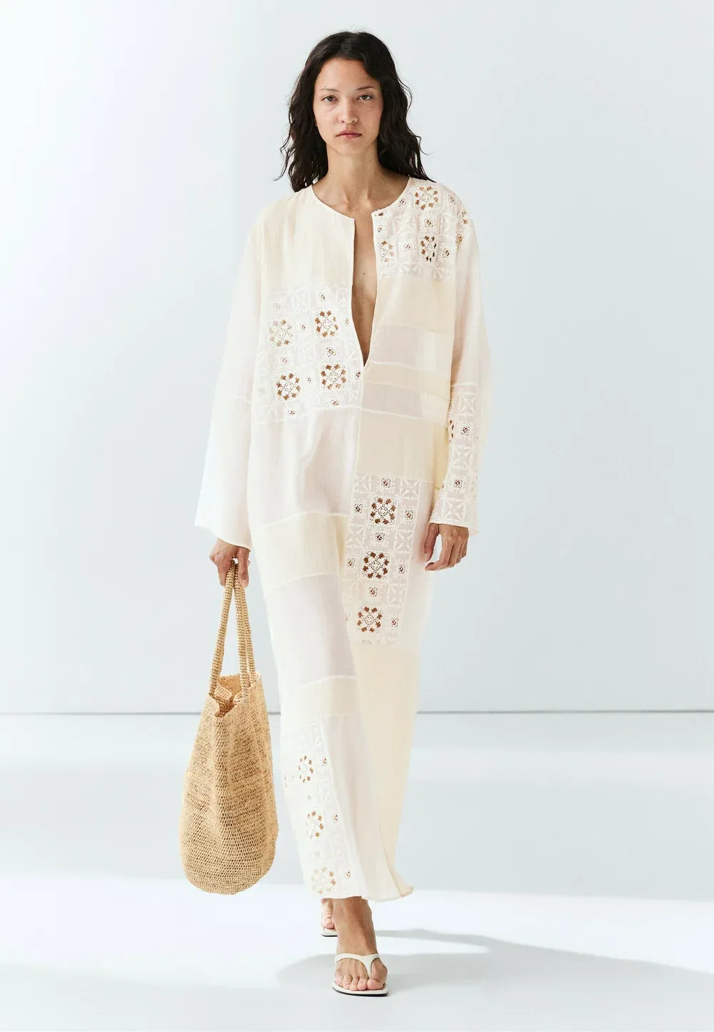 Струящееся вышитое платье-кафтан - платье макси Massimo Dutti, White