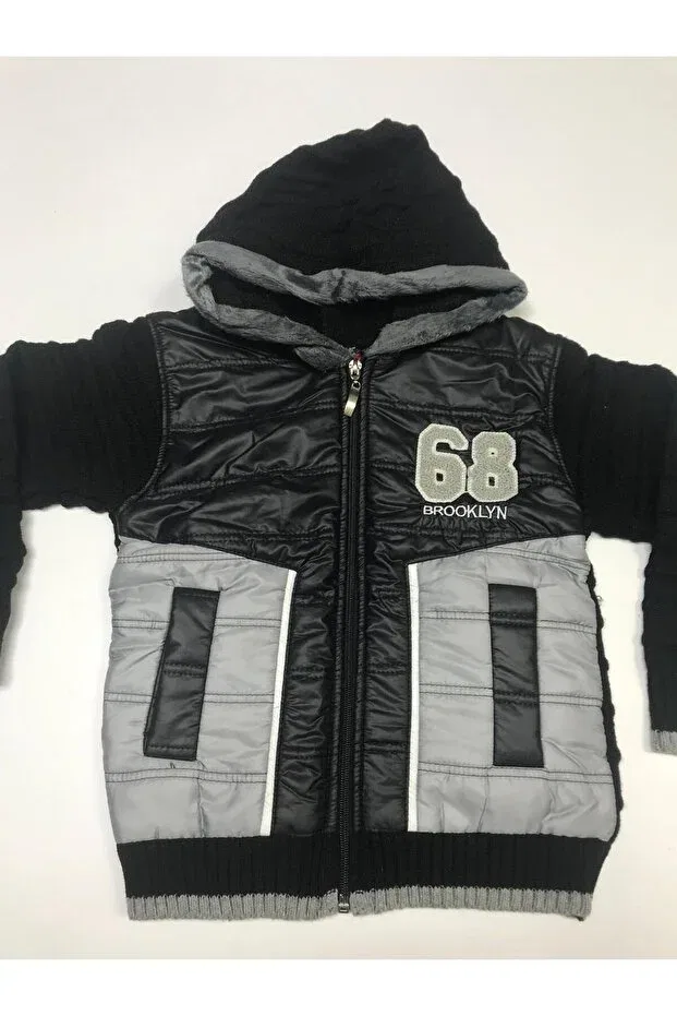 Детский кардиган для мальчиков с капюшоном Winter Capitone Knitwear Hooded Pockets Zippered Boy Sweatshirt Cardigan Baby Slon Kids Clup, Black-Gray — фото 2