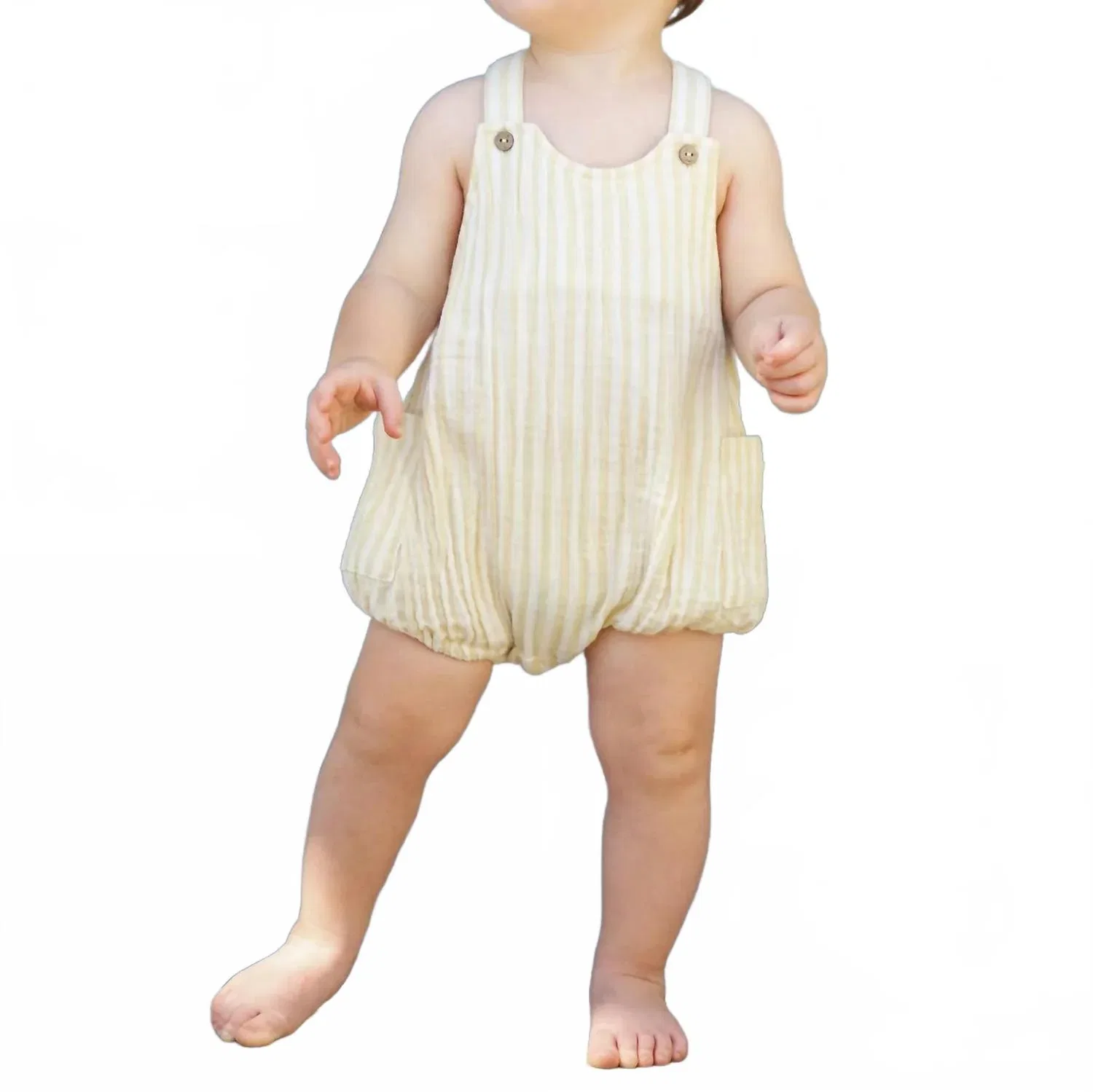 Детский боди-комбинезон с бретелями на пуговицах Lou Romper Rylee + Cru, Citron Stripe
