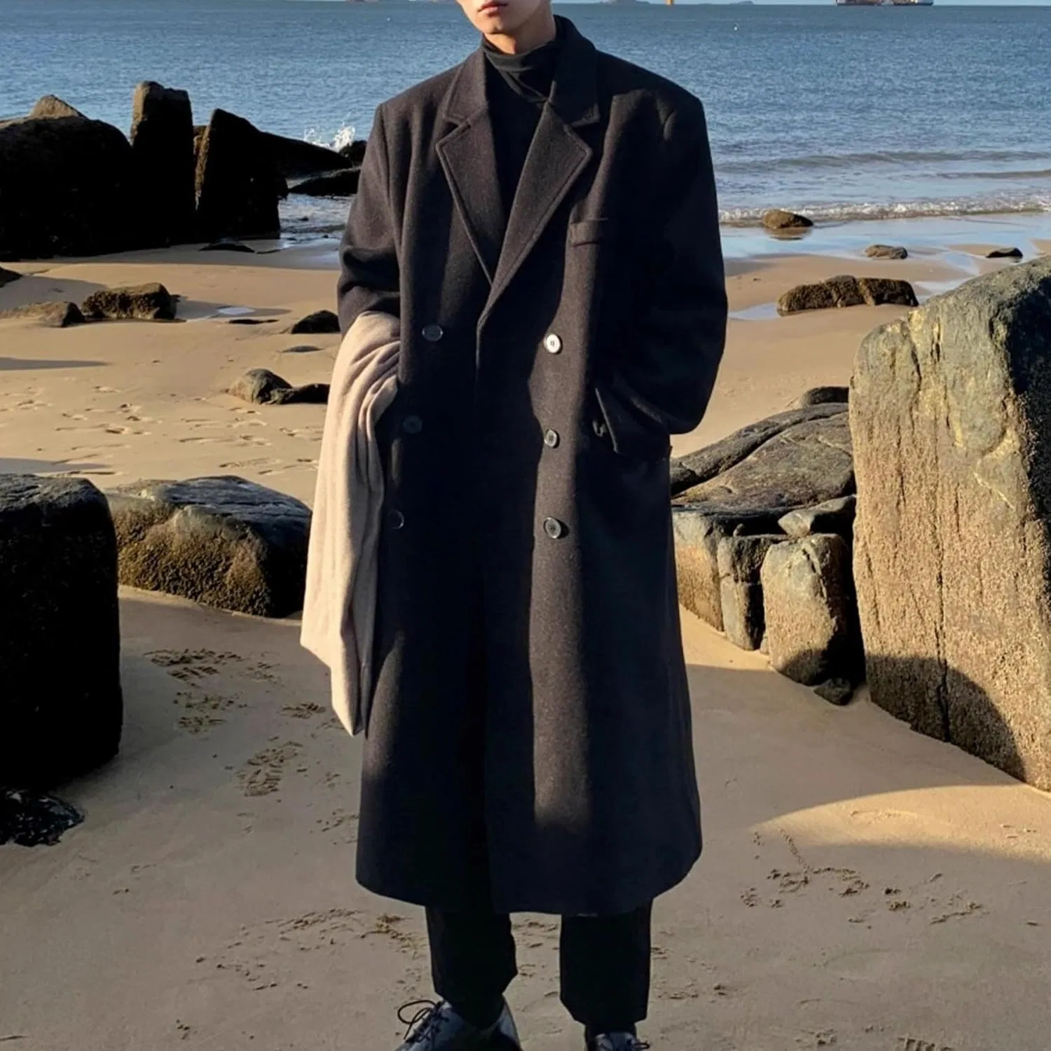 Мужское пальто с лацканами, двубортное, Slim Fit, Peacoat, чёрный — фото 4