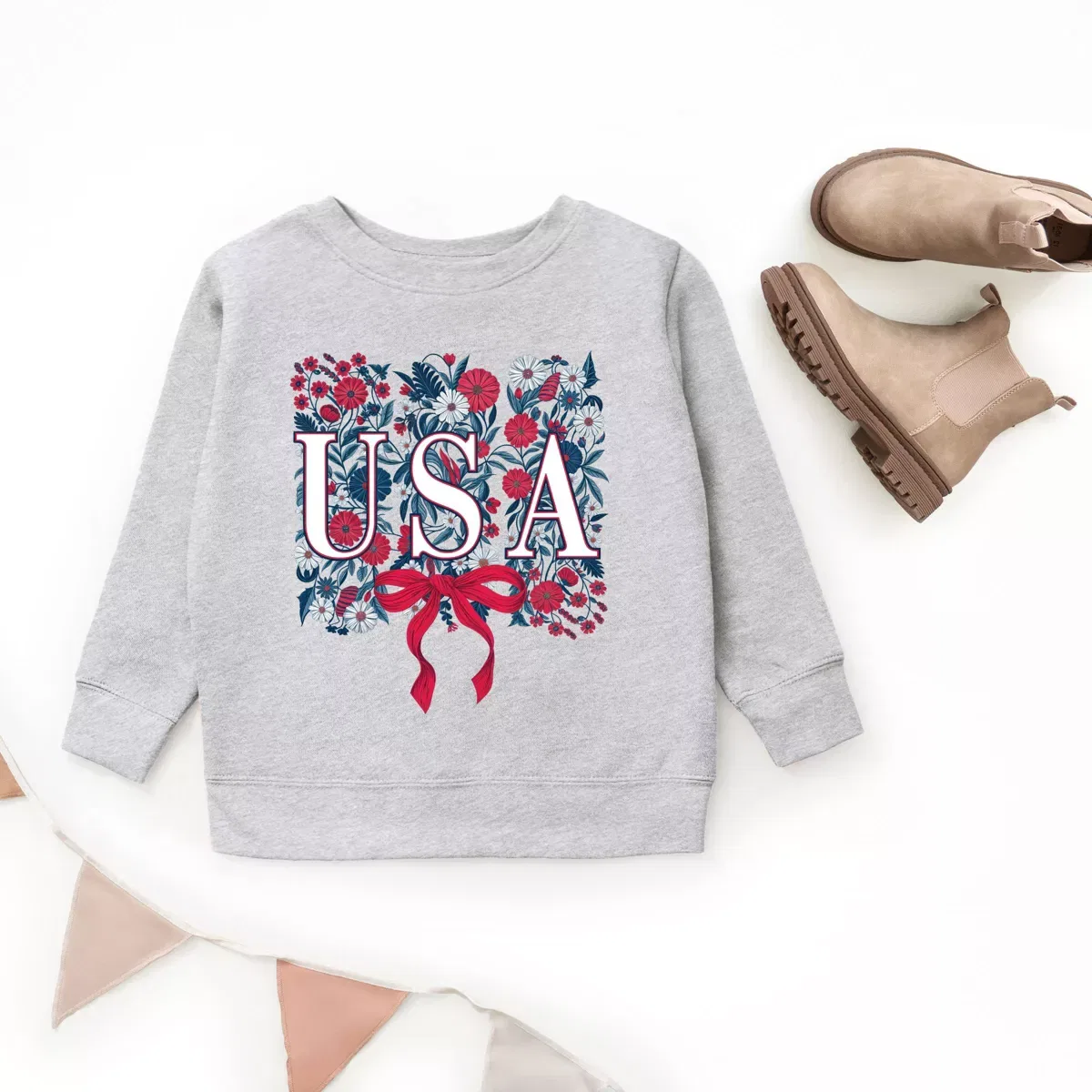 Детский свитшот с принтом USA Floral Coquette The Juniper Shop, Heather Grey — фото 3