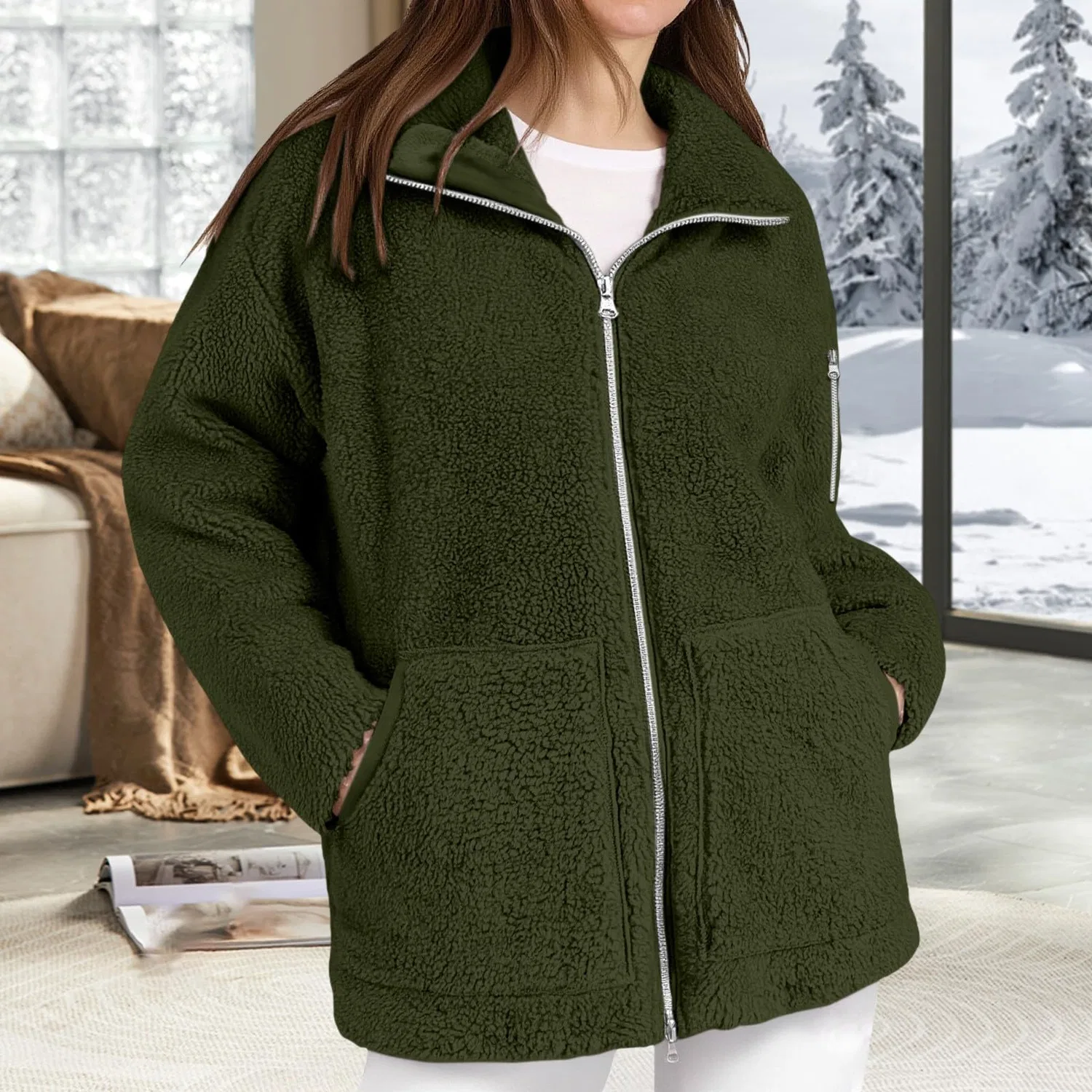 Женская флисовая куртка с принтом Oversized Fleece Jacket, Verde scuro — фото 3