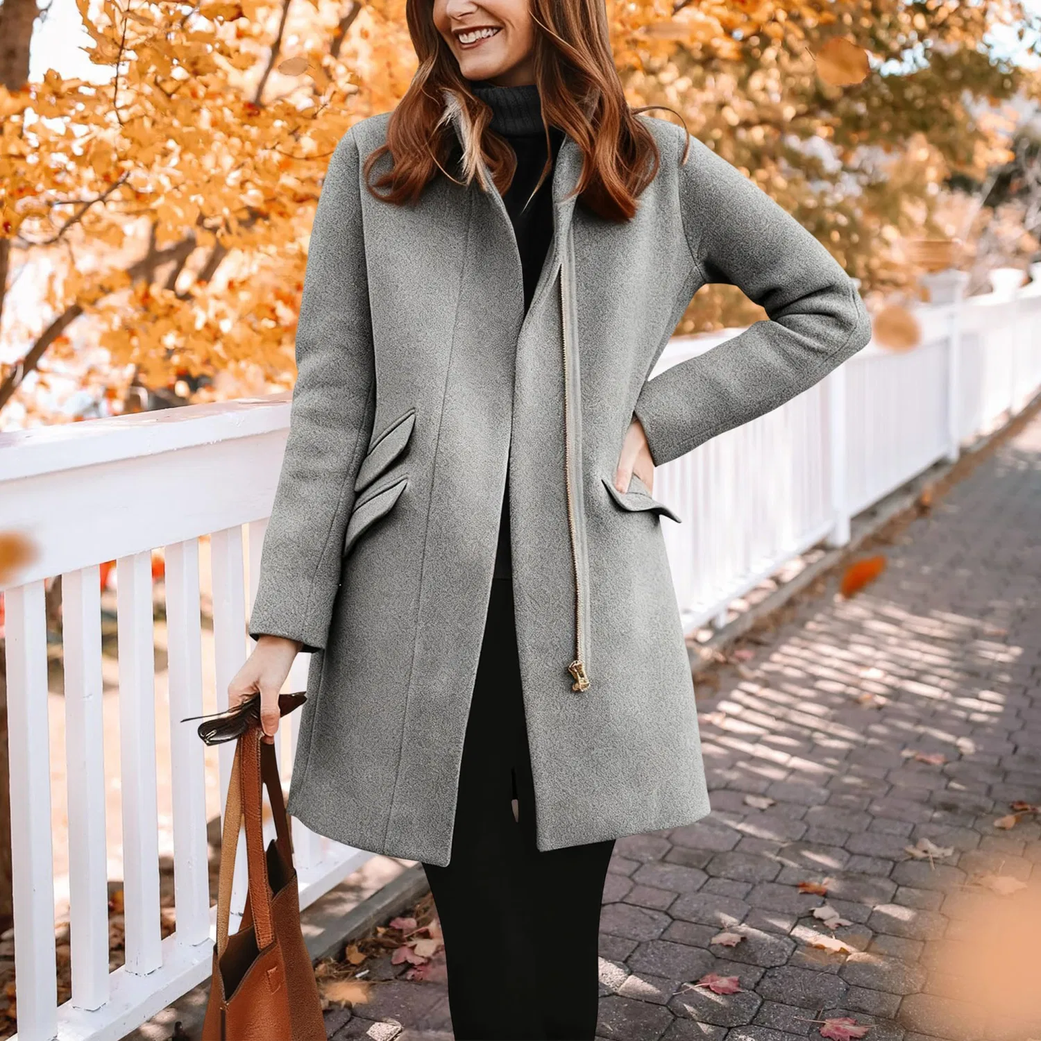 Женское зимнее пальто с молнией и открытым передом Classic Open Front Zip Casual Winter Long Trench Coat, Grigio — фото 2