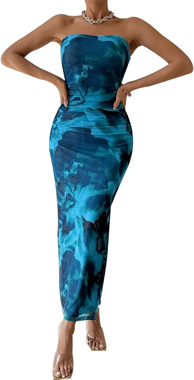 Женское макси-платье Tube Top Bodycon с разрезом, Blue