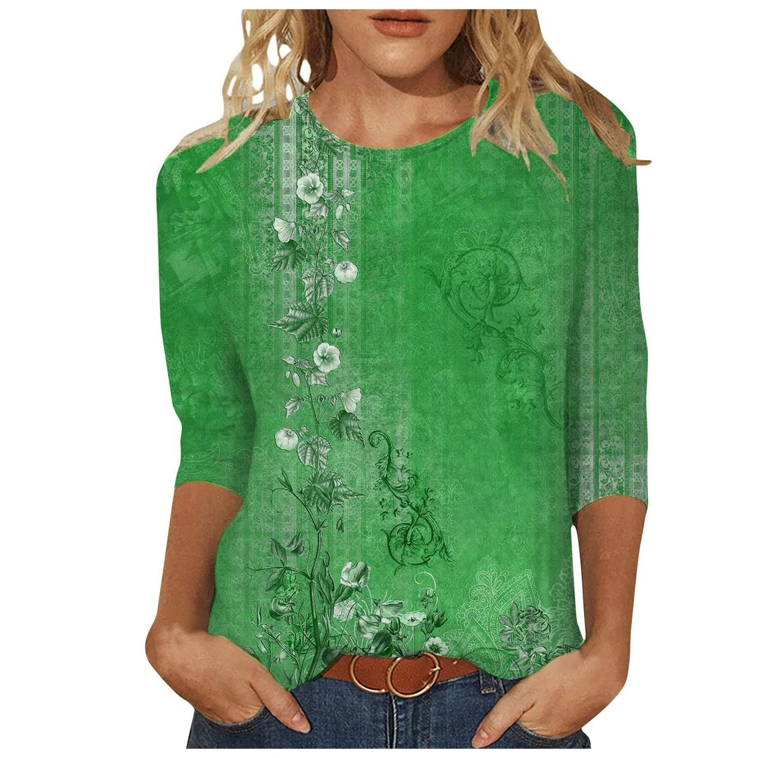 Женская футболка с цветочным принтом Plus Size T-Shirts, Light Green #3