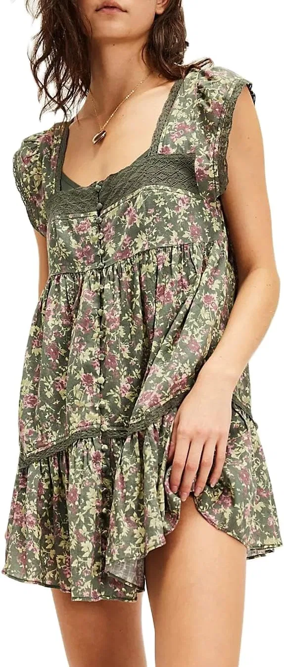 Женское платье-трапеция с цветочным принтом, Y2k Floral Ruffle Mini Dress, зелёный