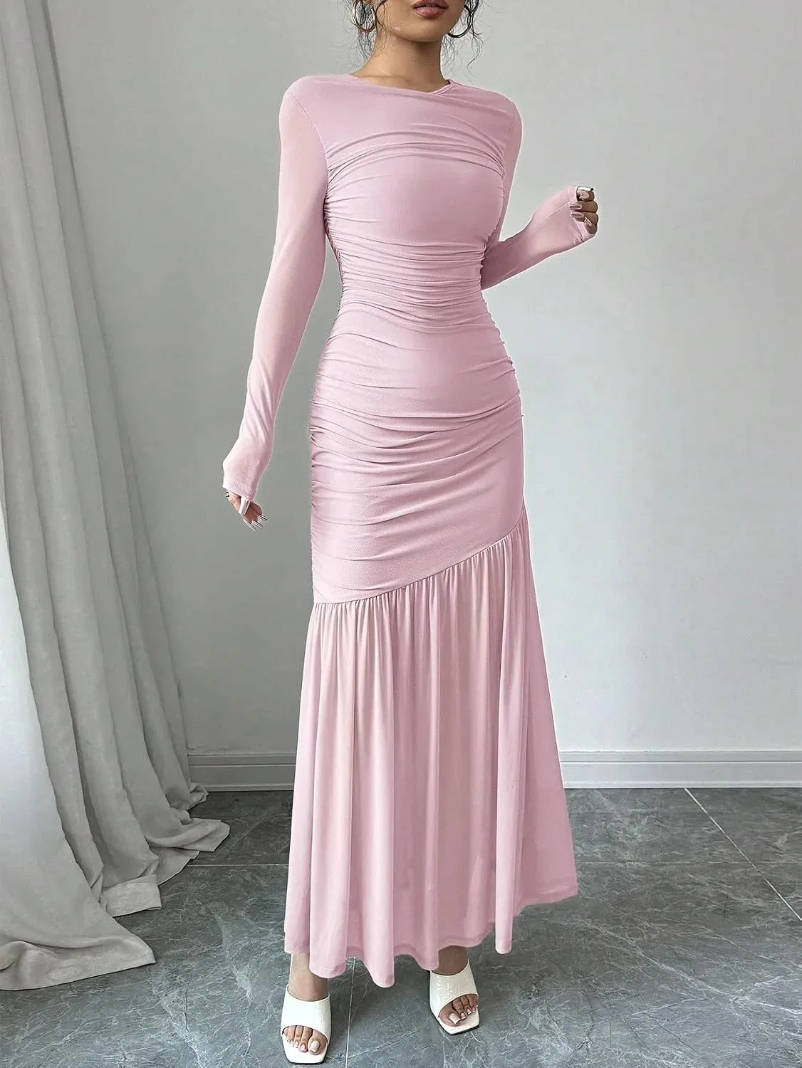 Женское длинное платье Bodycon с круглым вырезом Pink — фото 4