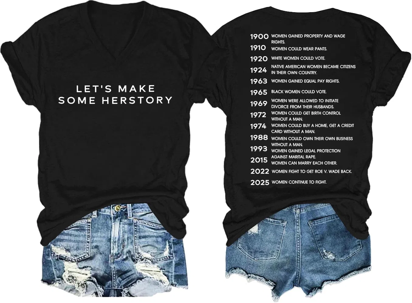 Футболка с V-образным вырезом с принтом Let's Make Herstory, Black