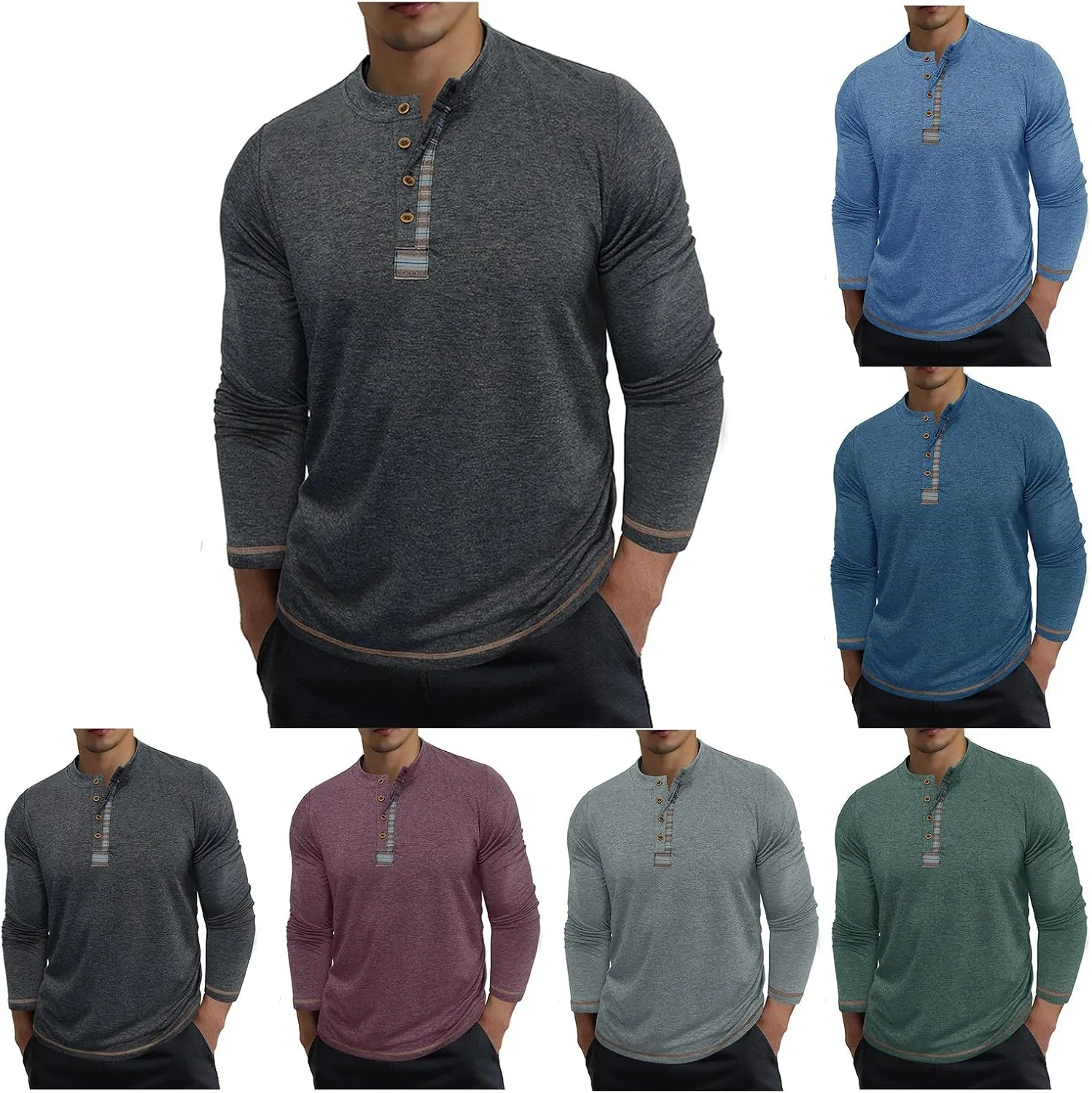 

Винтажная футболка Henley для мужчин, длинный рукав, легкая Thatrich