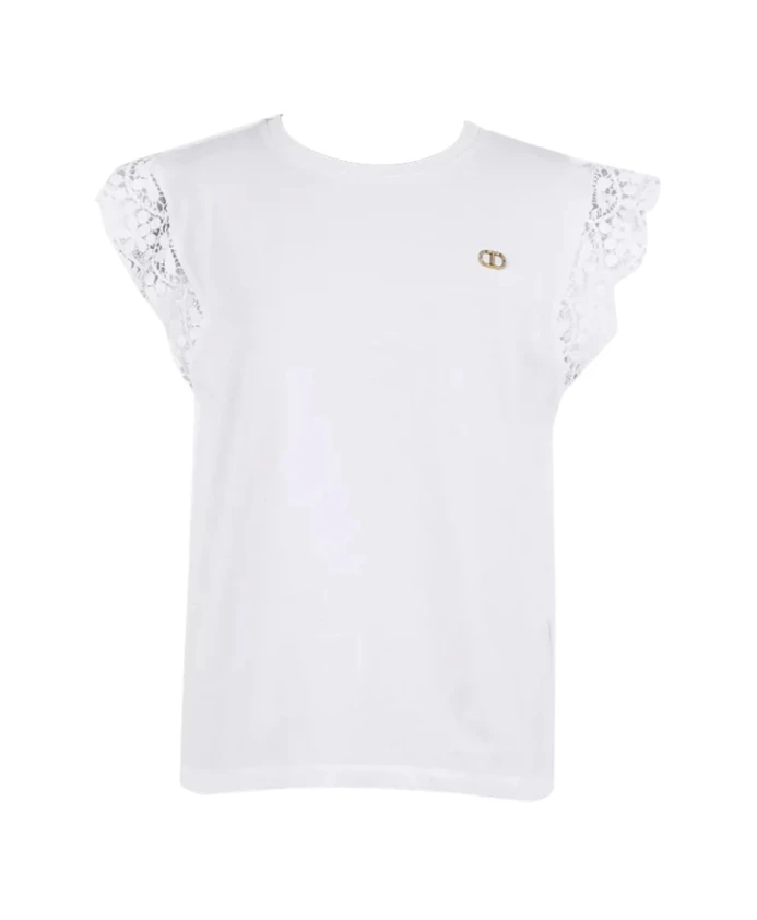 

Белая футболка с рукавами, сшитыми в технике макраме. Twinset, белый