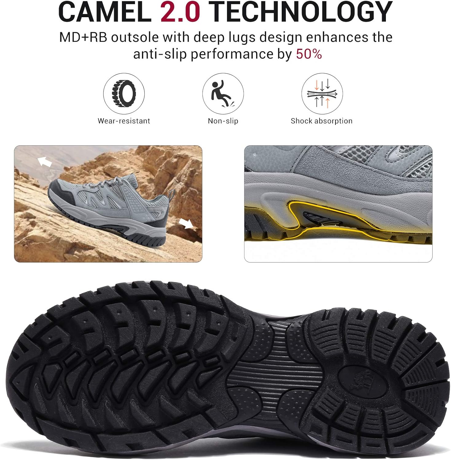 Мужские походные кроссовки CAMELSPORTS, легкие, с противоскользящей подошвой, дышащие, низкие, для прогулок на открытом воздухе, трекинга, пеших походов и скалолазания, черный/серый — фото 3
