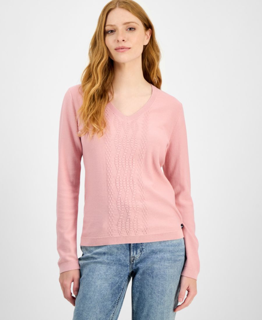 

Женский хлопковый свитер с V-образным вырезом и фактурной отделкой Nautica Jeans, Bridal Rose