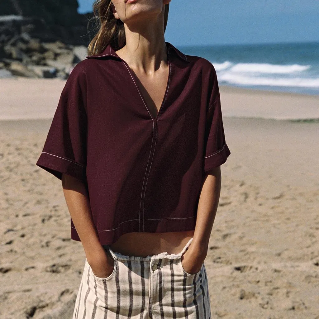 Женская рубашка с V-образным вырезом Burgundy Red ZARA, Burgundy — фото 4