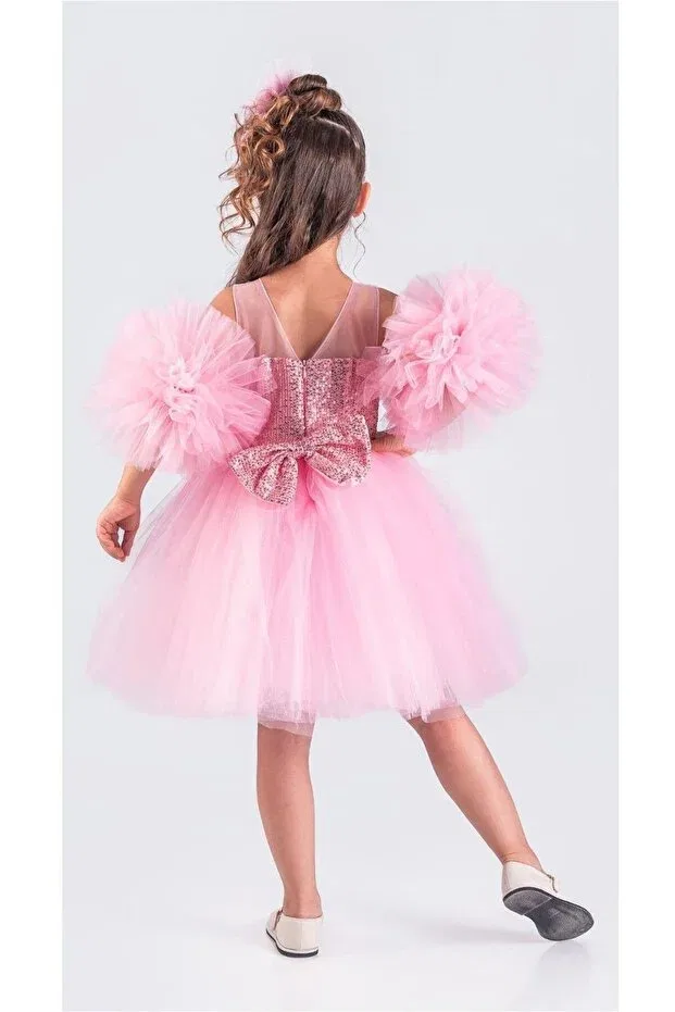 Детское платье для девочек с пайетками Pompom sleeves sequined tutu girl's evening dress Little Pumpkin, Powder Pink — фото 4