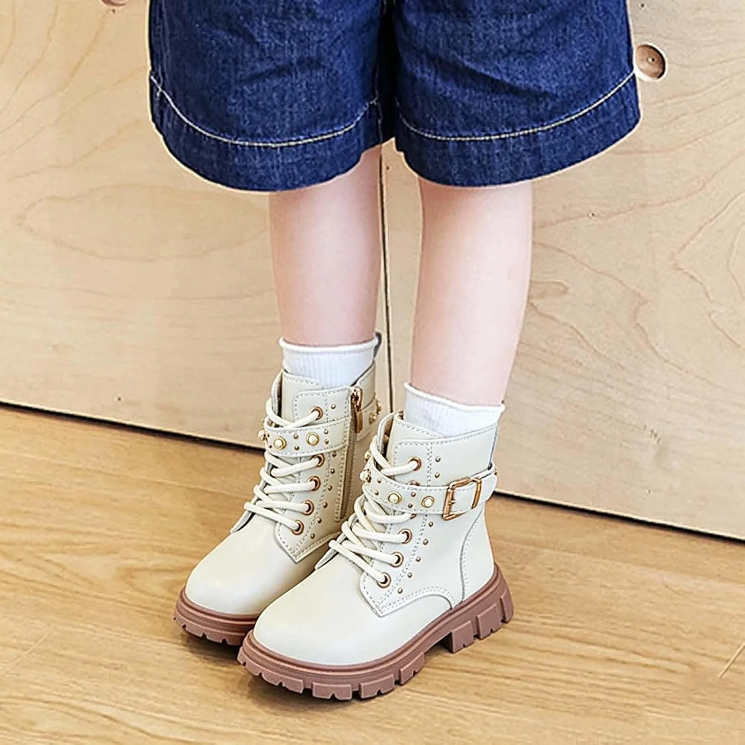 Детские ботинки для девочек на шнуровке с молнией SHOPESSA, Beige — фото 2