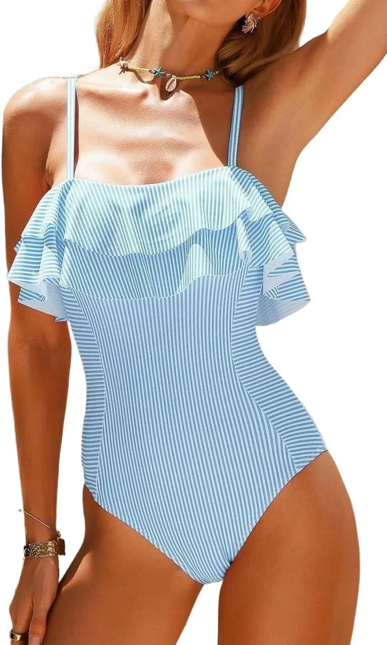 Женский купальник слитный с воланами и полосками, Blue and White