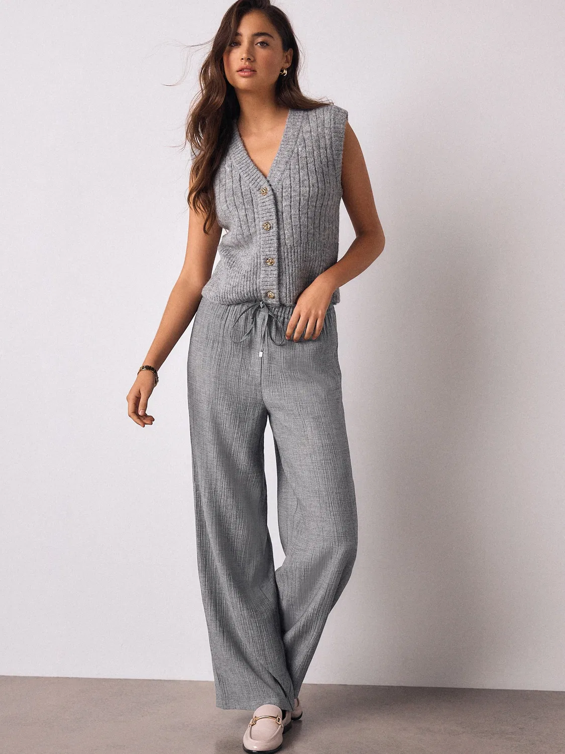 Брюки широкие с завязками и шерстью, модель Tie Waist Wide Leg Next, серый — фото 4