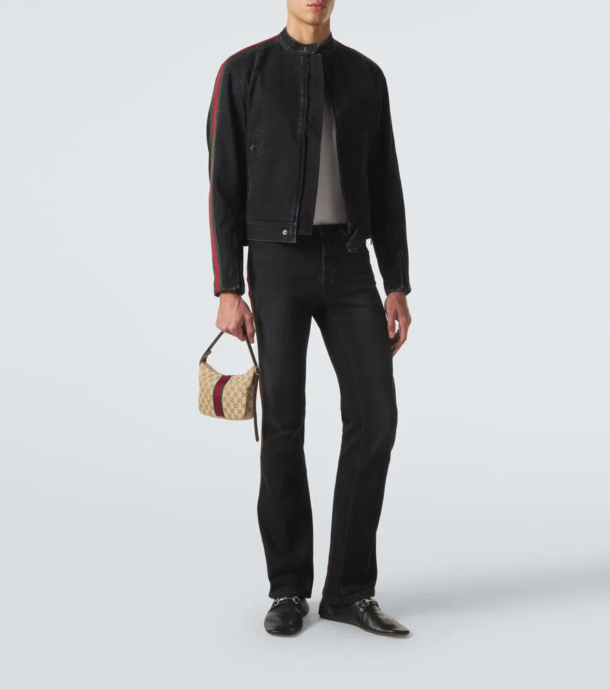 Куртка Gucci Web Stripe, джинсовая, байкерская, черная — фото 3