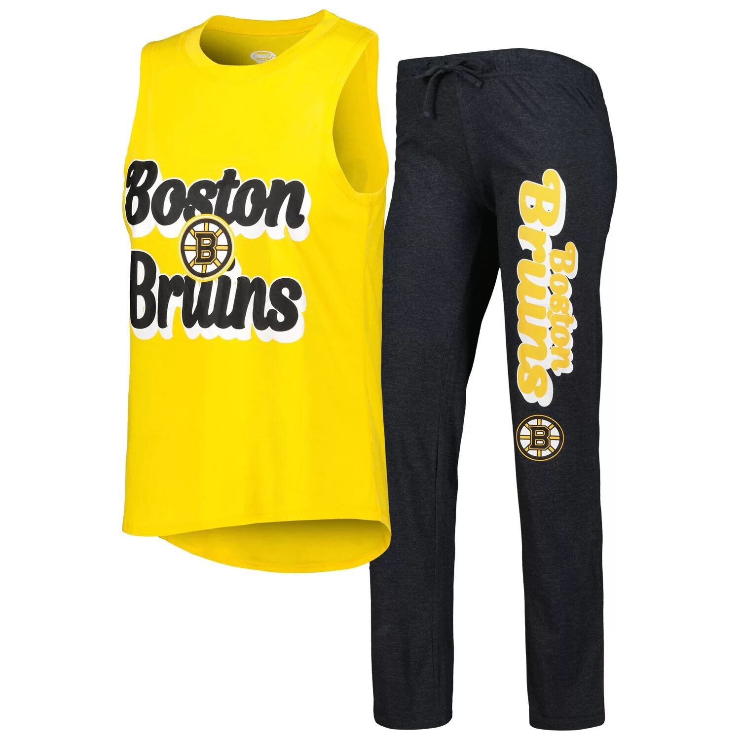 

Женский спортивный комплект из топа и брюк Boston Bruins Meter золотистого/черного цвета на бретельках и брюках для сна