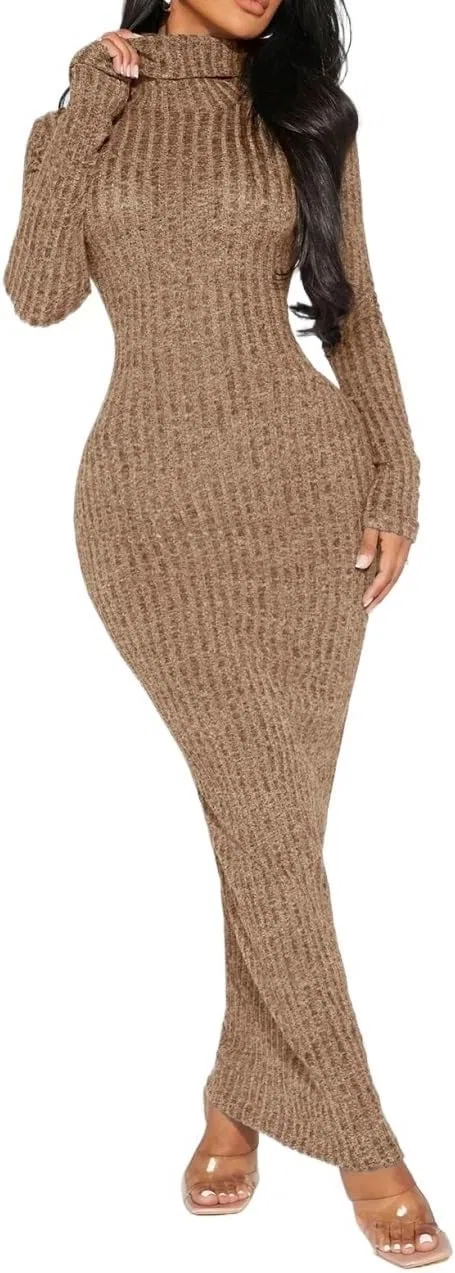 Женское облегающее платье с высоким воротником Bodycon, Mocha Brown