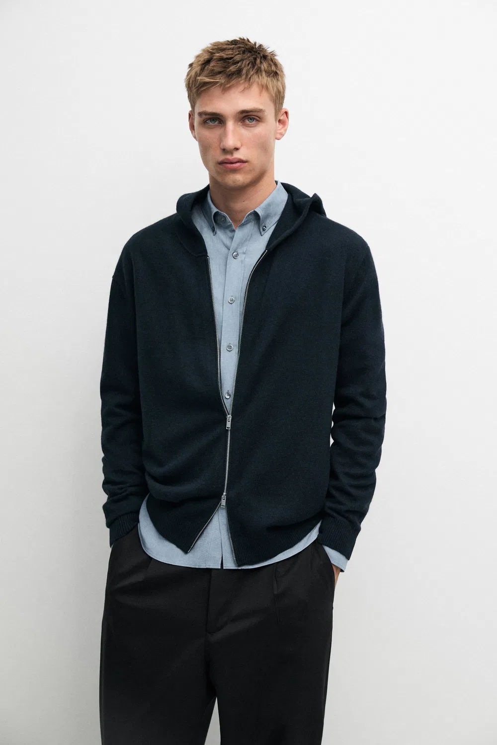 Кардиган Massimo Dutti 100% Cashmere Hooded Knit, темно-синий