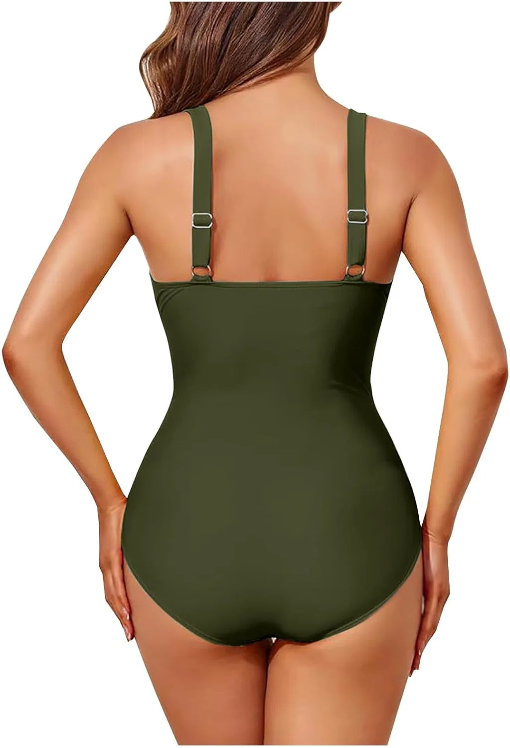 Женский слитный купальник с утяжкой живота V-образным вырезом, Army Green — фото 2