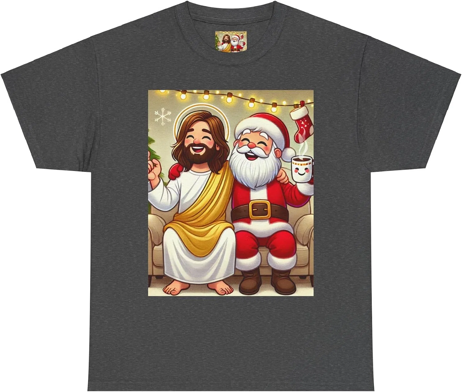 Женская футболка с принтом Funny Santa Jesus Hanging Out, тёмно-серый меланж
