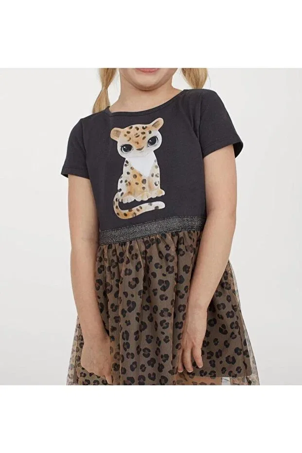 Детское платье для девочек с принтом Leopard Detailed Tulle Dress Pink Hippo Kids, Leopard