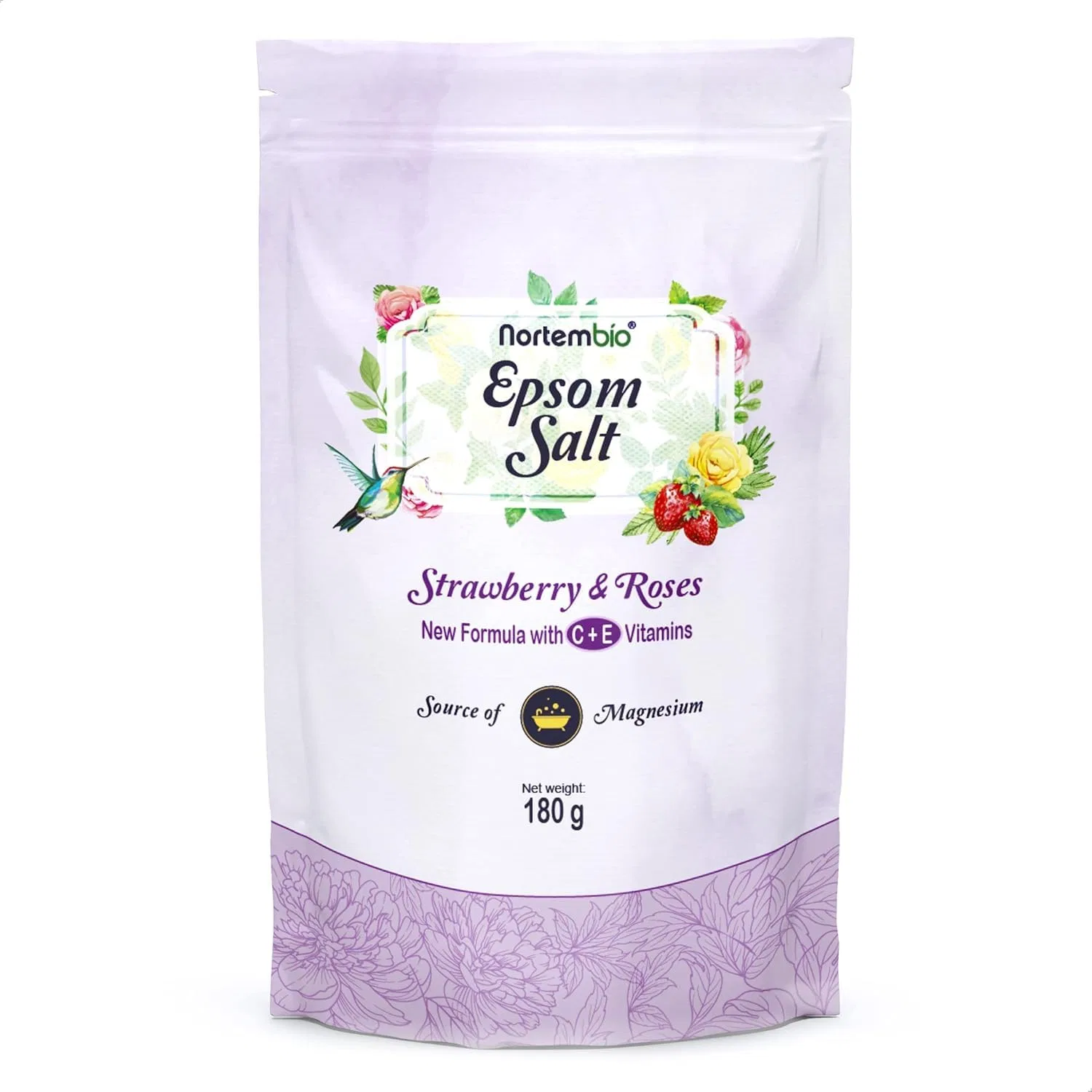 Соль для ванн Epsom с ароматом клубники и розы, Nortembio, 180 г, Белый