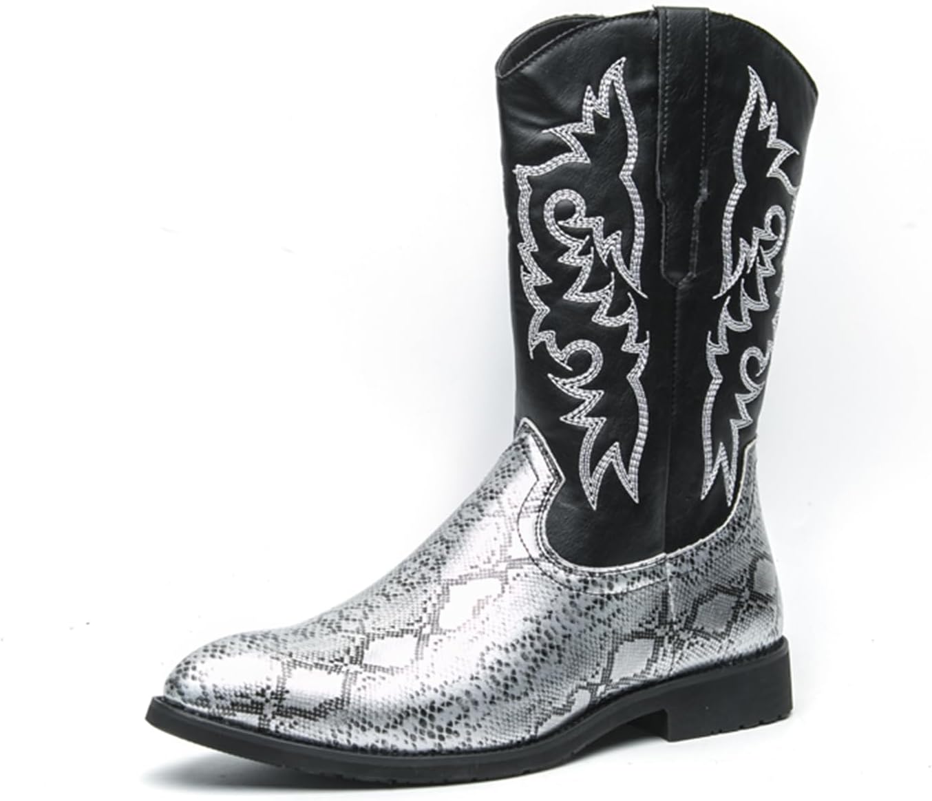 

Мужские ковбойские сапоги TIXEWSJH с вышивкой в виде змеи, кожаные, с заостренным носком, средней высоты, удобные, на работу, для загородных мероприятий, вечеринок, костюмов на Хэллоуин и повседневной носки, серебро