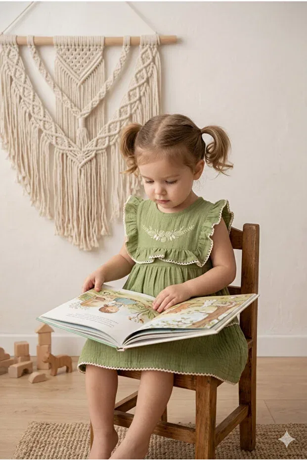 Детское платье для девочек хлопковое с вышивкой Minelia Kids, Green — фото 3