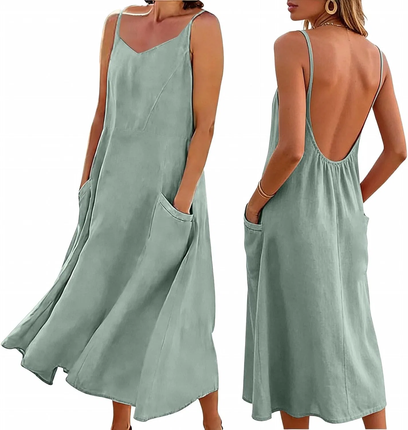 Женский летний сарафан макси V-образный вырез без рукавов, Mint Green