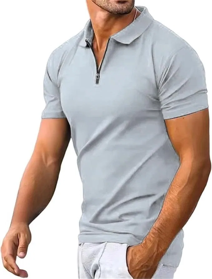 Мужская мускулистая футболка с V-вырезом и четверть-застежкой, Light Grey