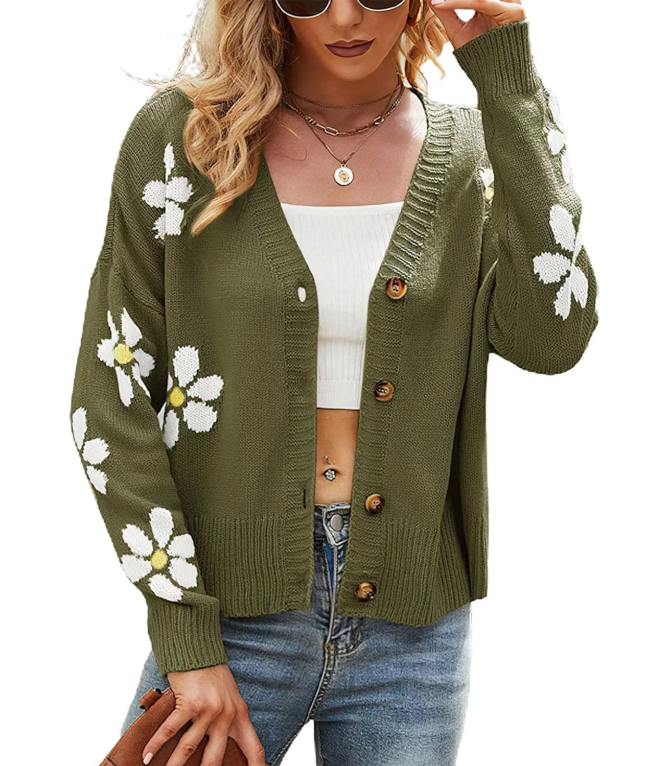 Женское вязаное пальто-кардиган с принтом Daisy Cute Cute Smiling Graphic, 02 Verde militare