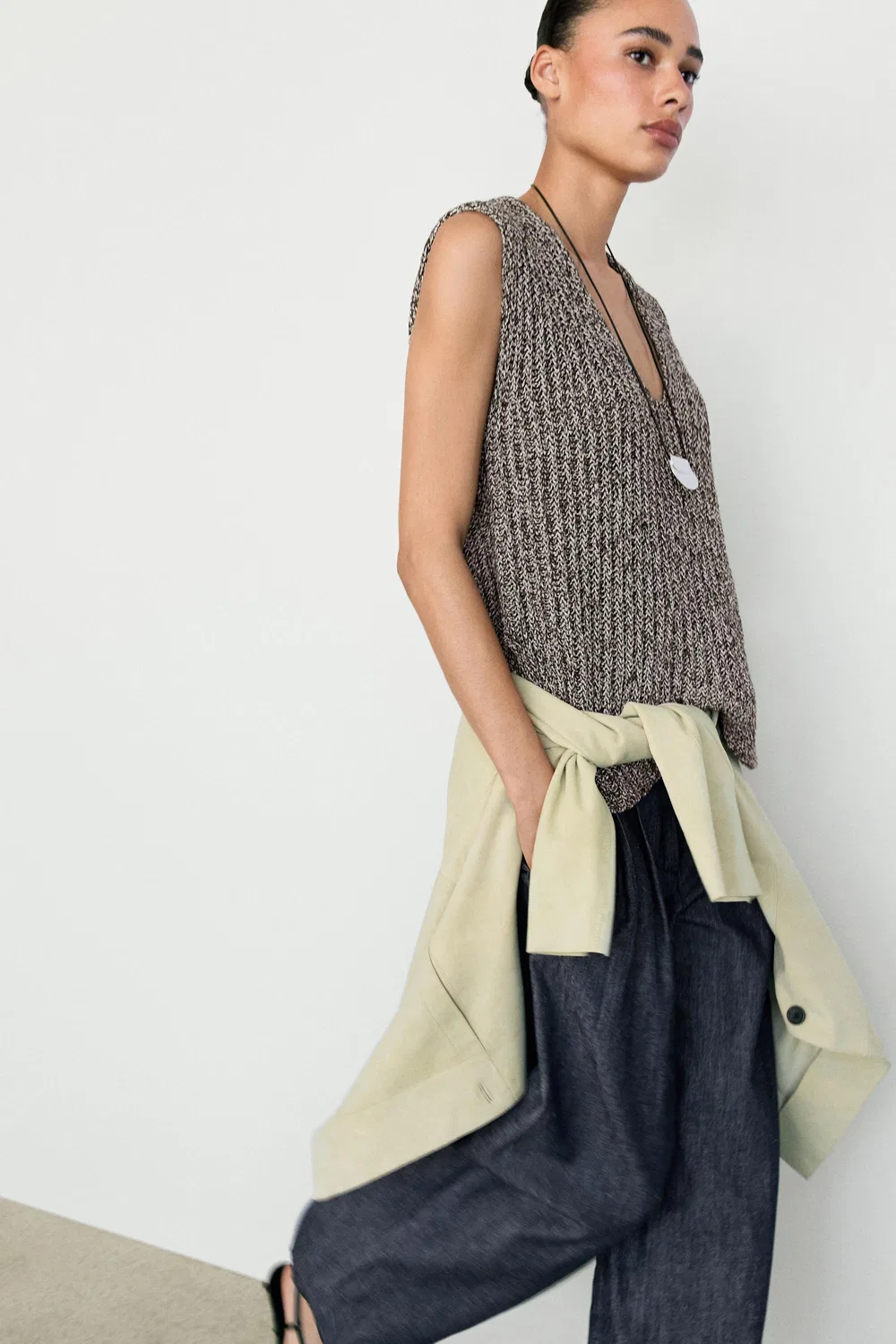 Топ Massimo Dutti Cotton Blend Heathered Knit, антрацитово-серый — фото 4