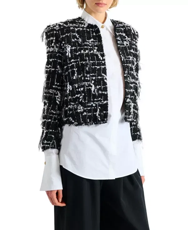 Женская куртка с бахромой Cropped jacket in fringed tweed Balmain, черный