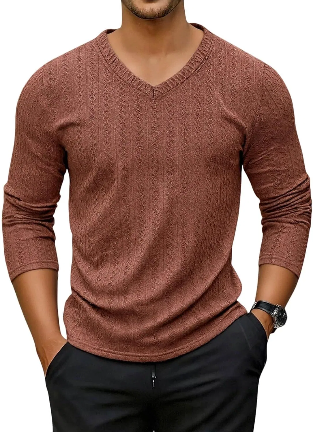 Мужская облегающая футболка с длинным рукавом Ribbed Knit, Brown