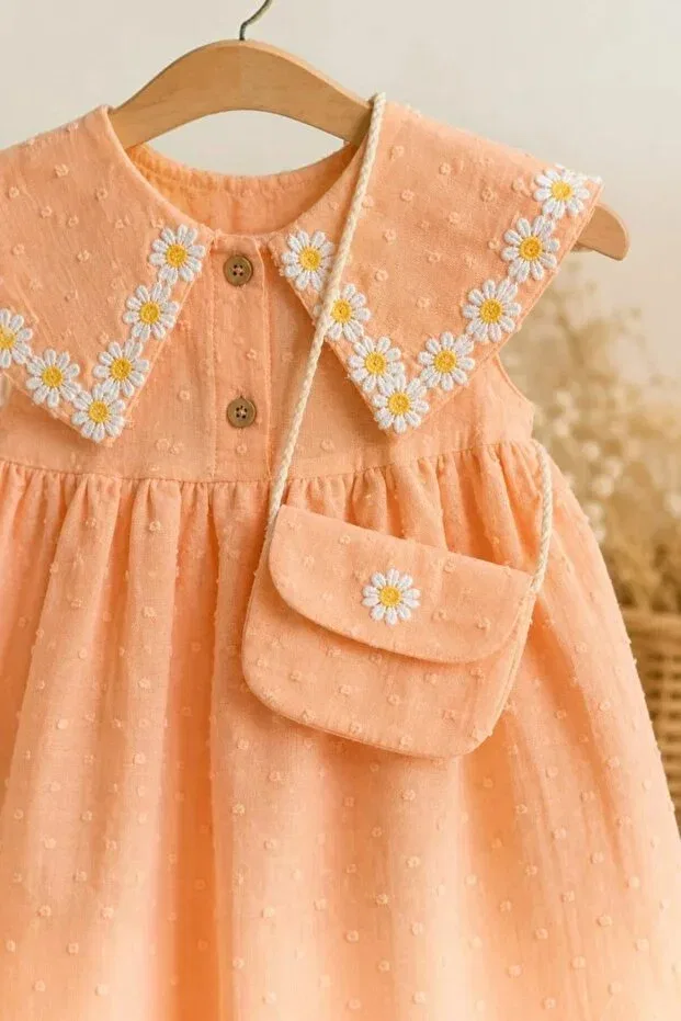 Детское платье для девочек с принтом Daisy Embroidered Wide Collar Tuğra Bebe, Salmon