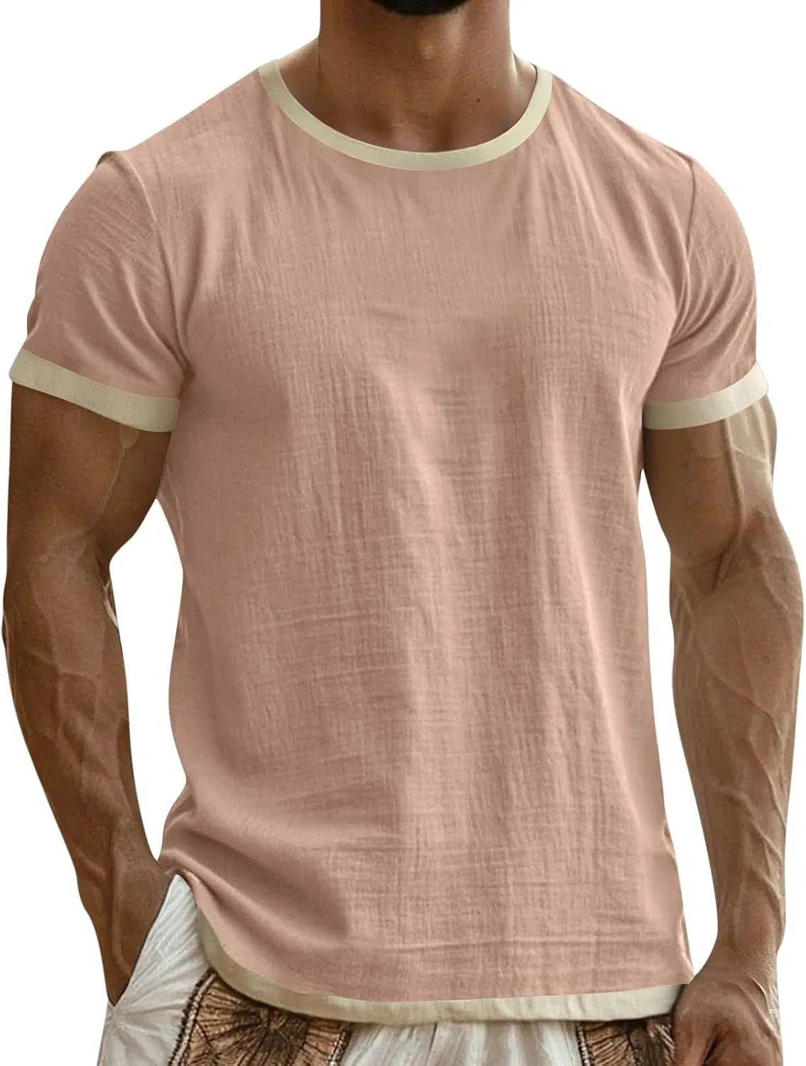 Мужская футболка из льна с хлопком, с коротким рукавом, 1a-pink