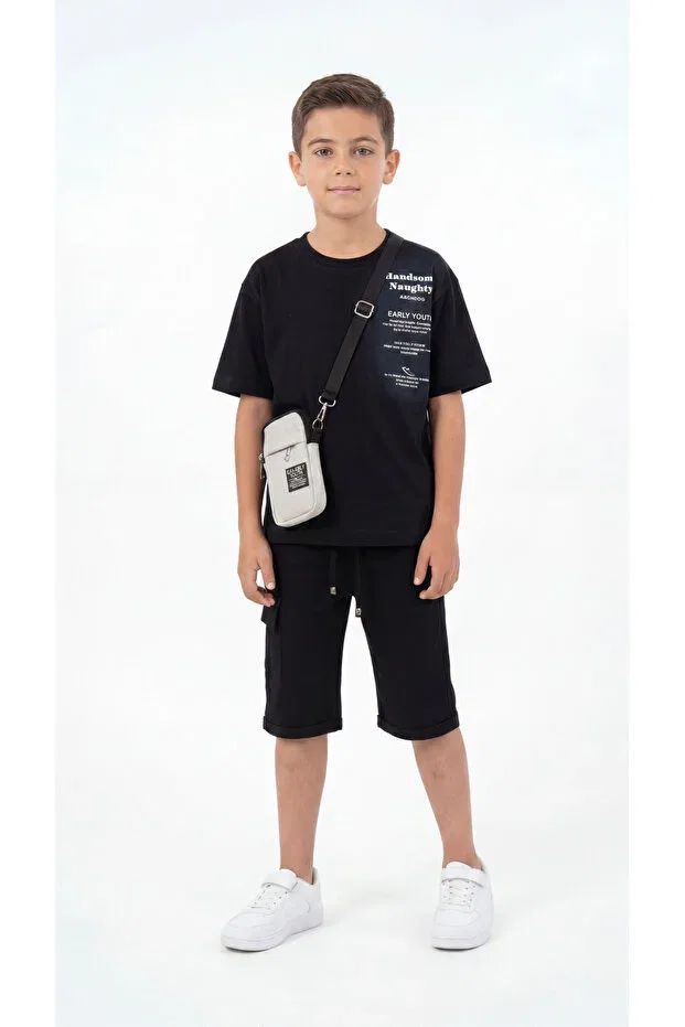 Детский комплект для мальчиков с принтом Handsom Naughty Printed Baggy T-Shirt And Shorts Set Mışıl Kids, Black — фото 3