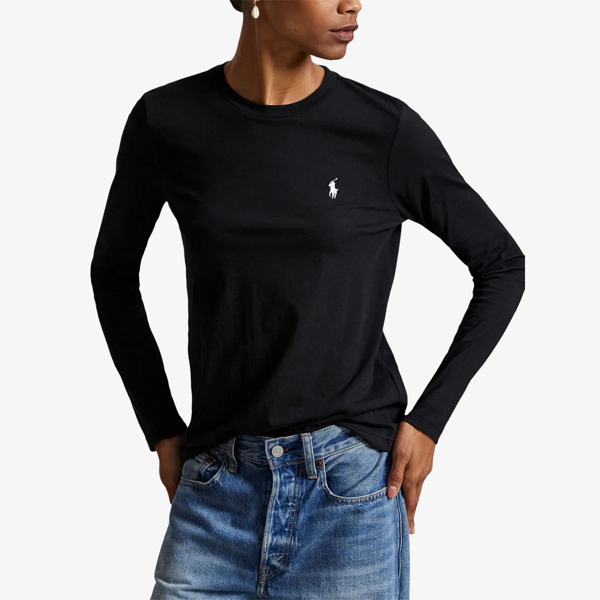 Хлопковая блузка с длинными рукавами и вышитым логотипом Polo Ralph Lauren, черный — фото 3