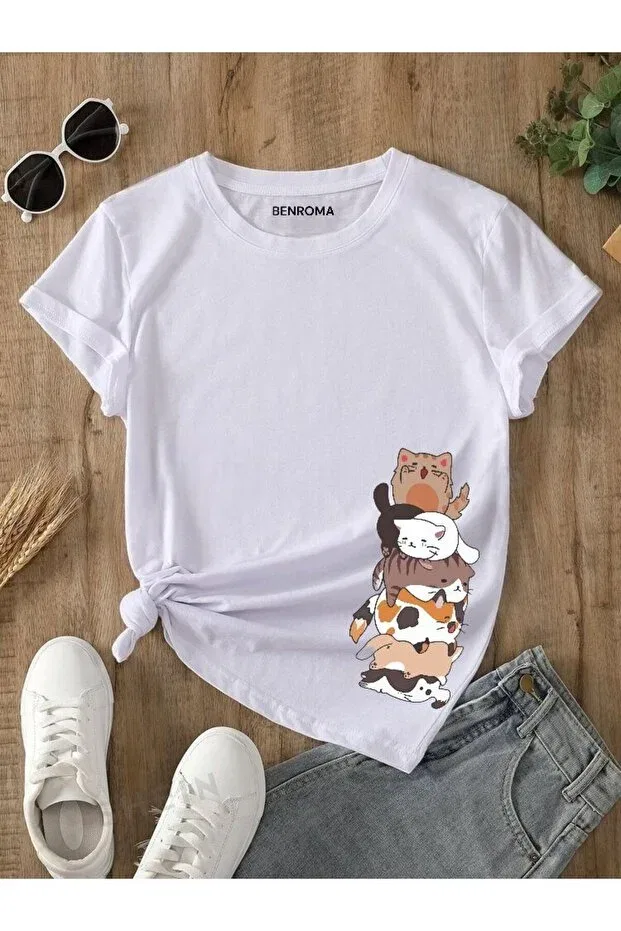 Детская футболка для девочек с принтом Cat Printed Children's T-Shirt Benroma, White