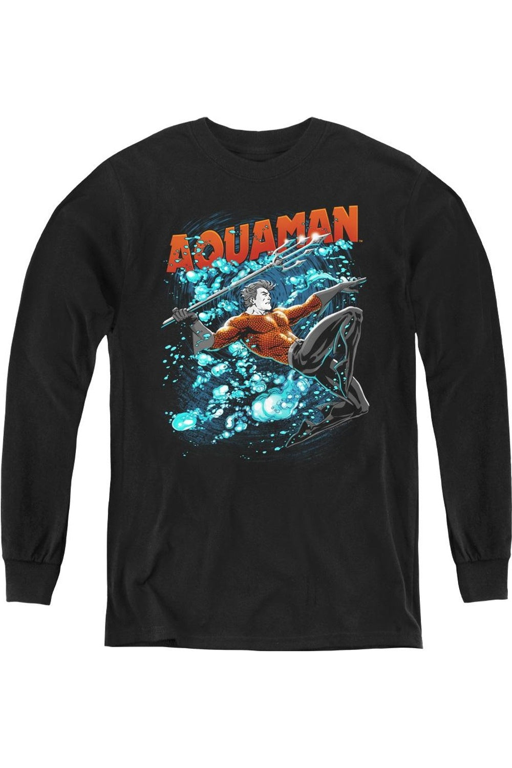 

Футболка с длинным рукавом для детей "Justice League of America" с изображением Аквамена и пузырей Gildan, черный