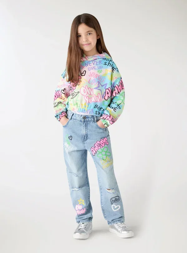 Брюки с принтом Mom con stampa e strappi, Terranova Denim Medio, синий