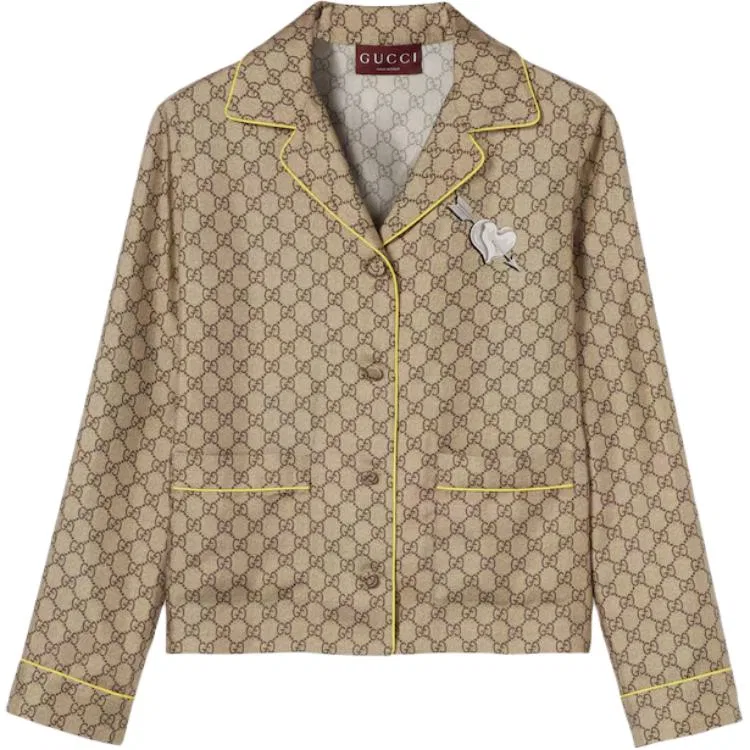 Женская рубашка из шелкового твила с принтом Beige Brown GUCCI
