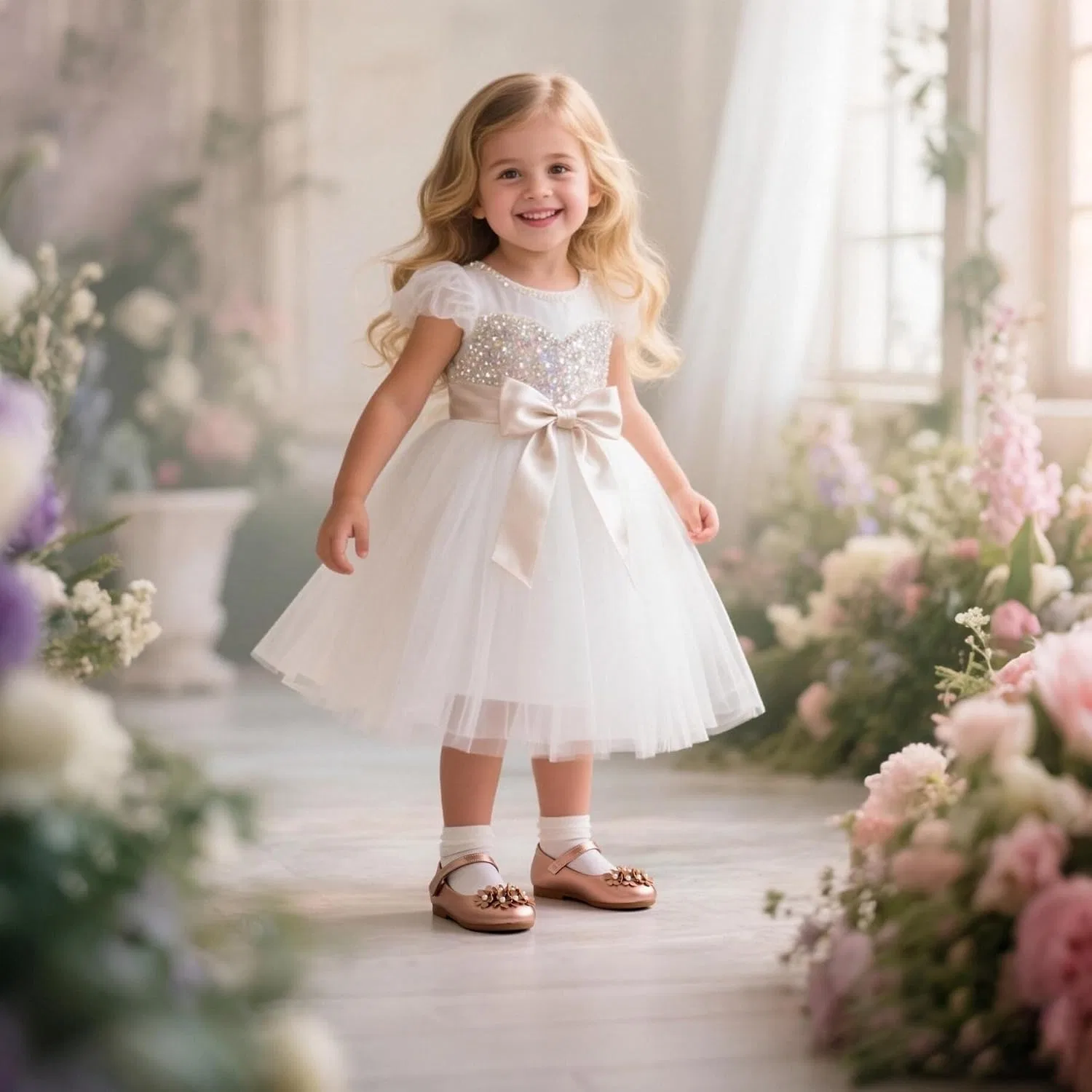 Детские туфли-балетки Мэри Джейн с цветком и жемчугом THEE BRON, Pearly Rose — фото 2
