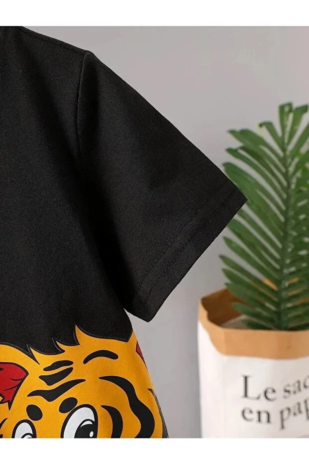 Детский комплект футболки и шорт с принтом для мальчиков Tiger Printed Revasser, Black — фото 3